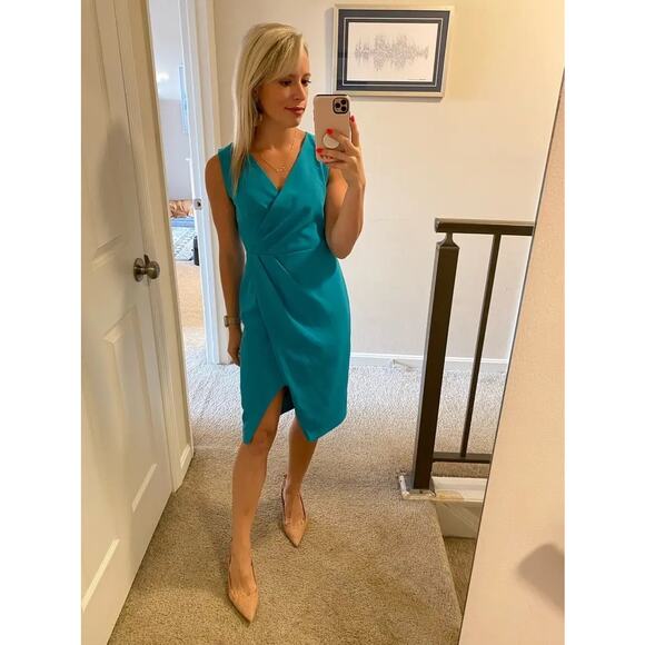 BLACK HALO Nora Teal Blue Sleeveless Sheath Faux Wrap Dress Size 10 - Picture 5 of 10